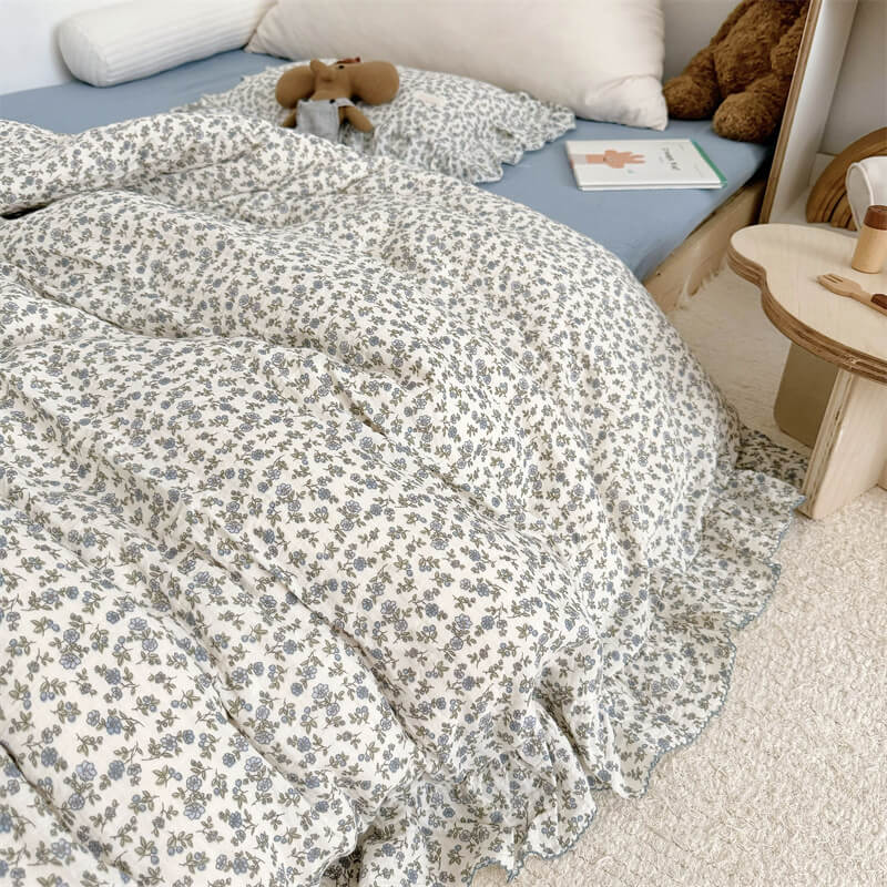 Cotton Gauze Duvet Cover Set – Blue Blossom with Soft Ruffles