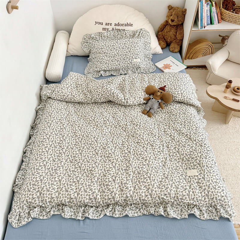 Cotton Gauze Duvet Cover Set – Blue Blossom with Soft Ruffles