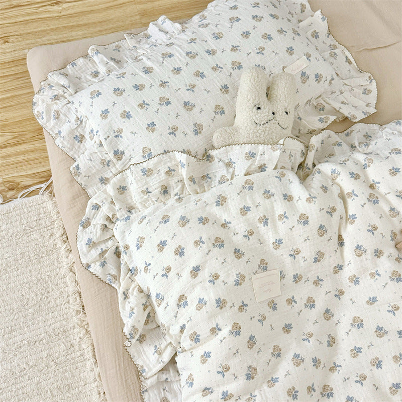 Cotton Gauze Duvet Cover Set – Blue Rose with Soft Ruffles