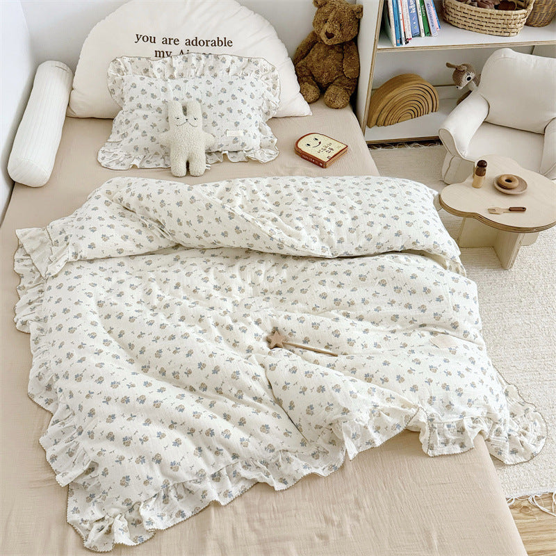 Cotton Gauze Duvet Cover Set – Blue Rose with Soft Ruffles