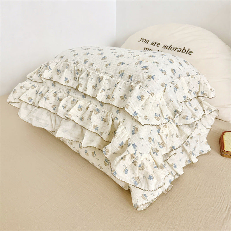 Cotton Gauze Duvet Cover Set – Blue Rose with Soft Ruffles
