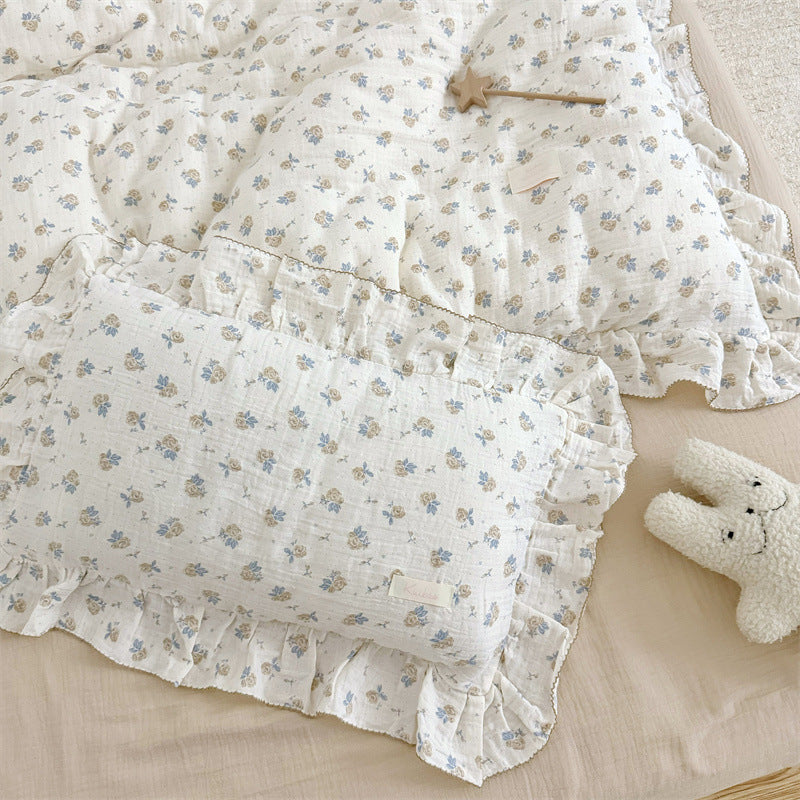 Cotton Gauze Duvet Cover Set – Blue Rose with Soft Ruffles