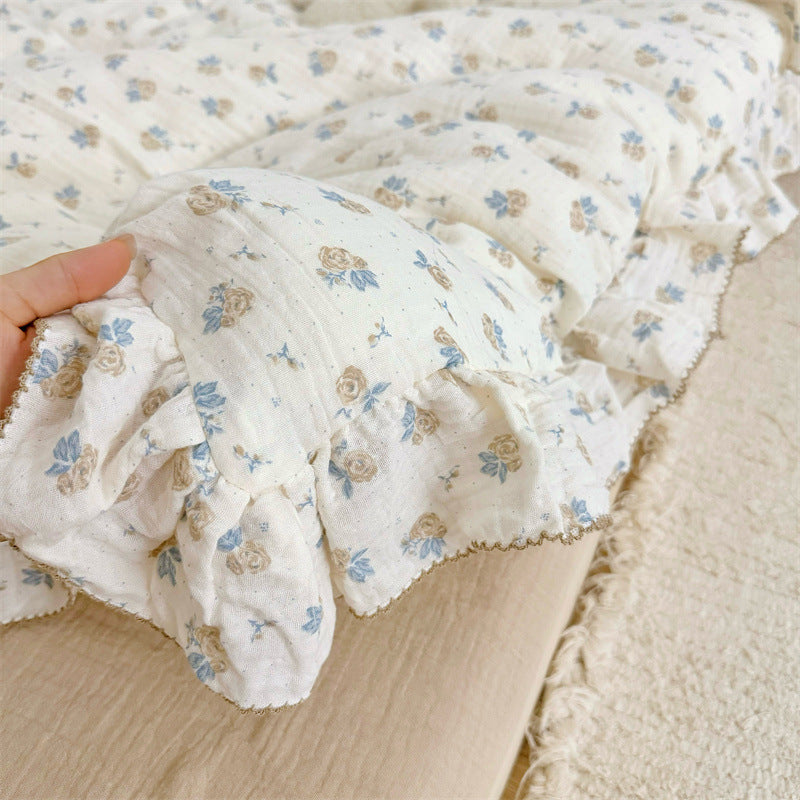 Cotton Gauze Duvet Cover Set – Blue Rose with Soft Ruffles