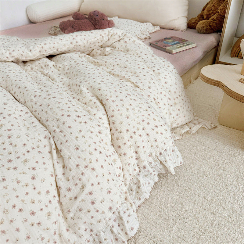 Cotton Gauze Duvet Cover Set – Pink Blossom with Soft Ruffles