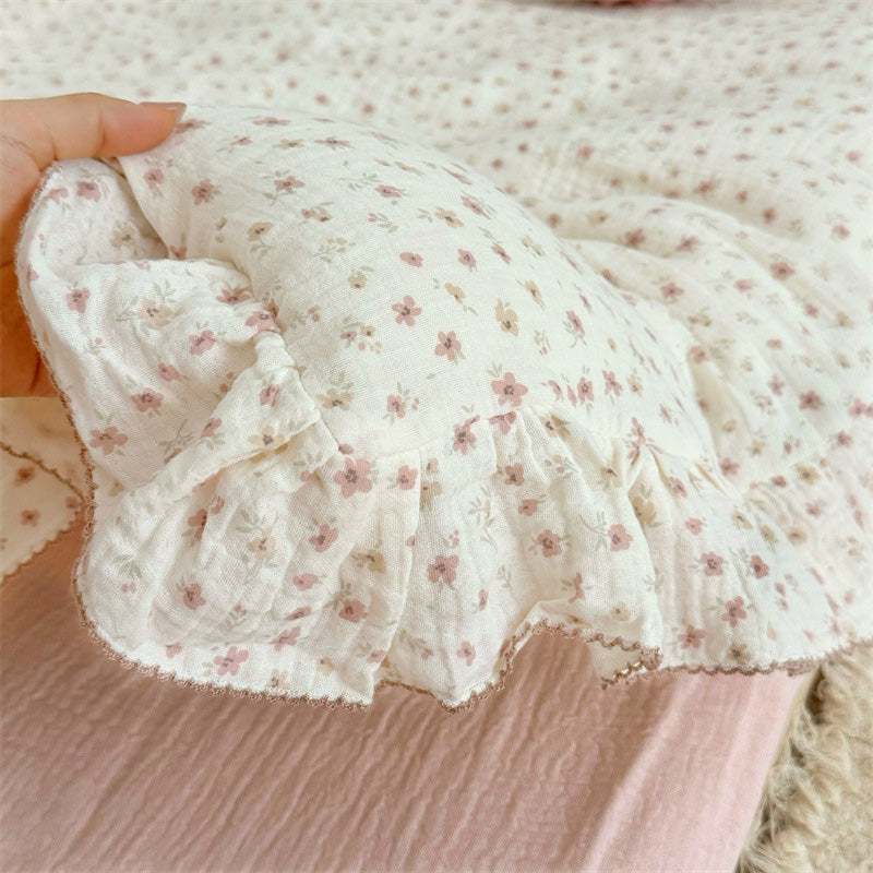 Cotton Gauze Duvet Cover Set – Pink Blossom with Soft Ruffles