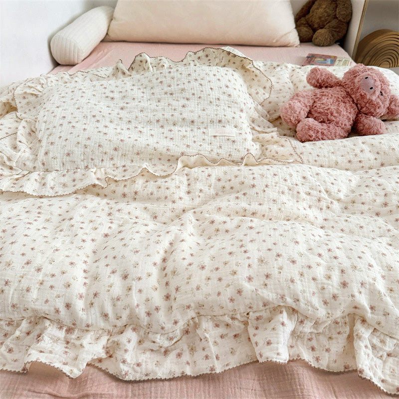 Cotton Gauze Duvet Cover Set – Pink Blossom with Soft Ruffles