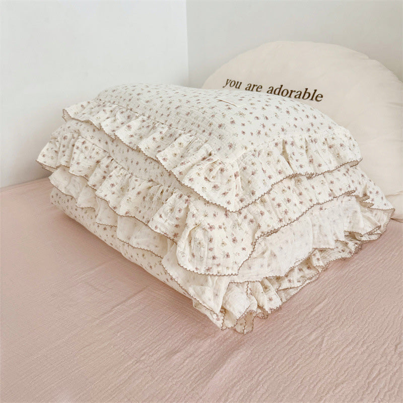 Cotton Gauze Duvet Cover Set – Pink Blossom with Soft Ruffles