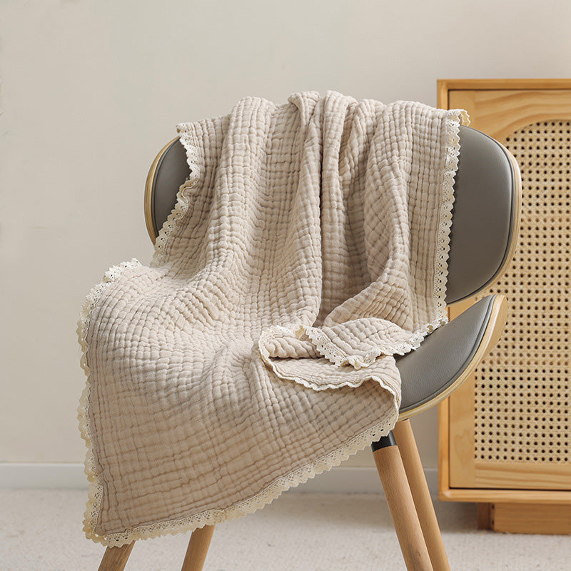 6-Layer Muslin Baby Blanket with Lace Trim Khaki