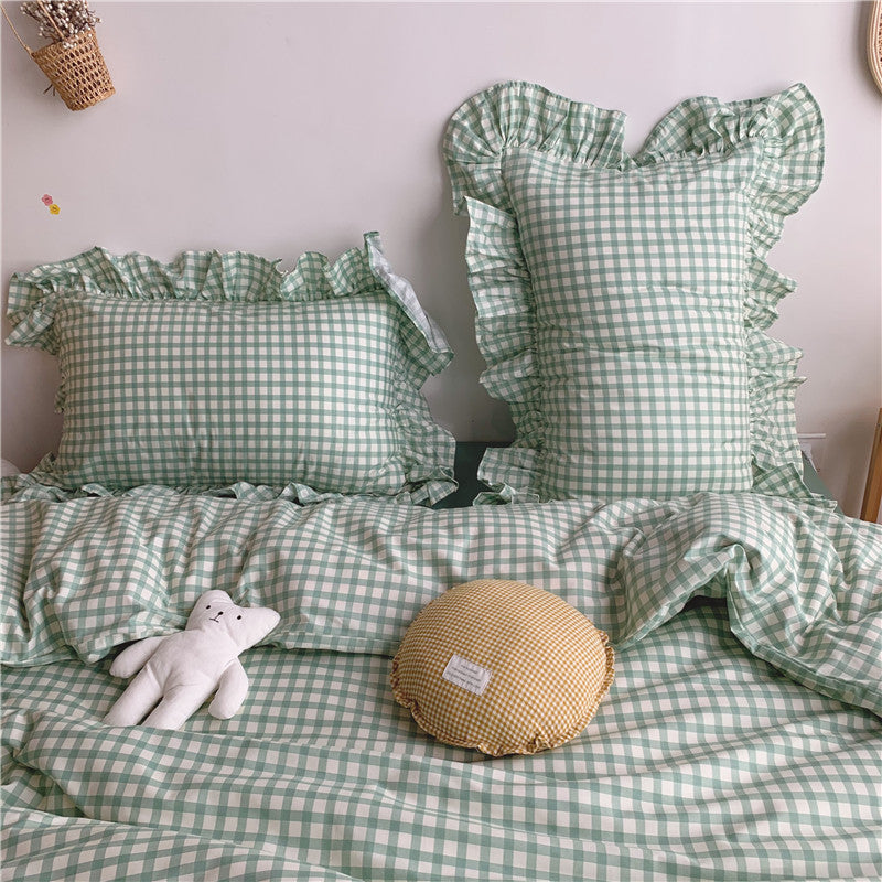 Plaid Ruffle Bedding Set Sage Green