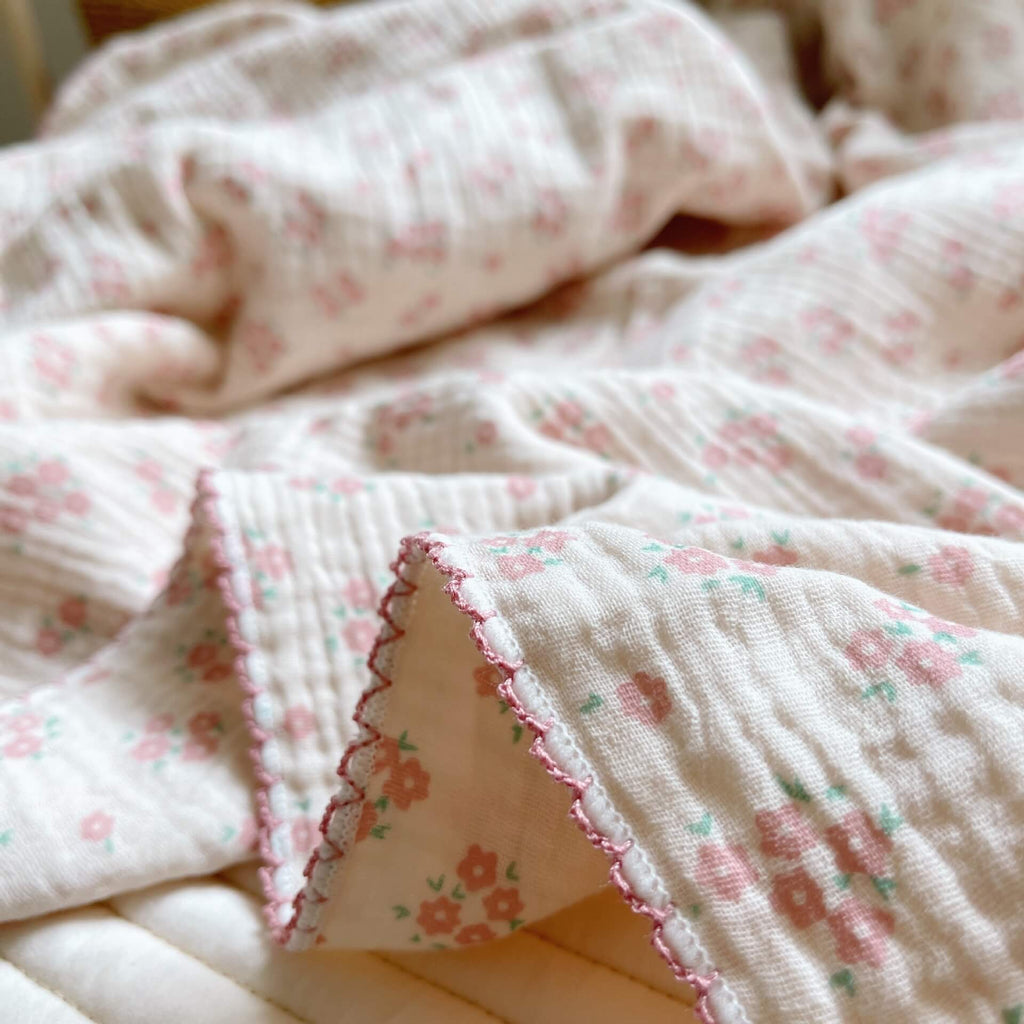 Vintage Floral Muslin Baby Blanket – Carmine Pink, 47" x 51"