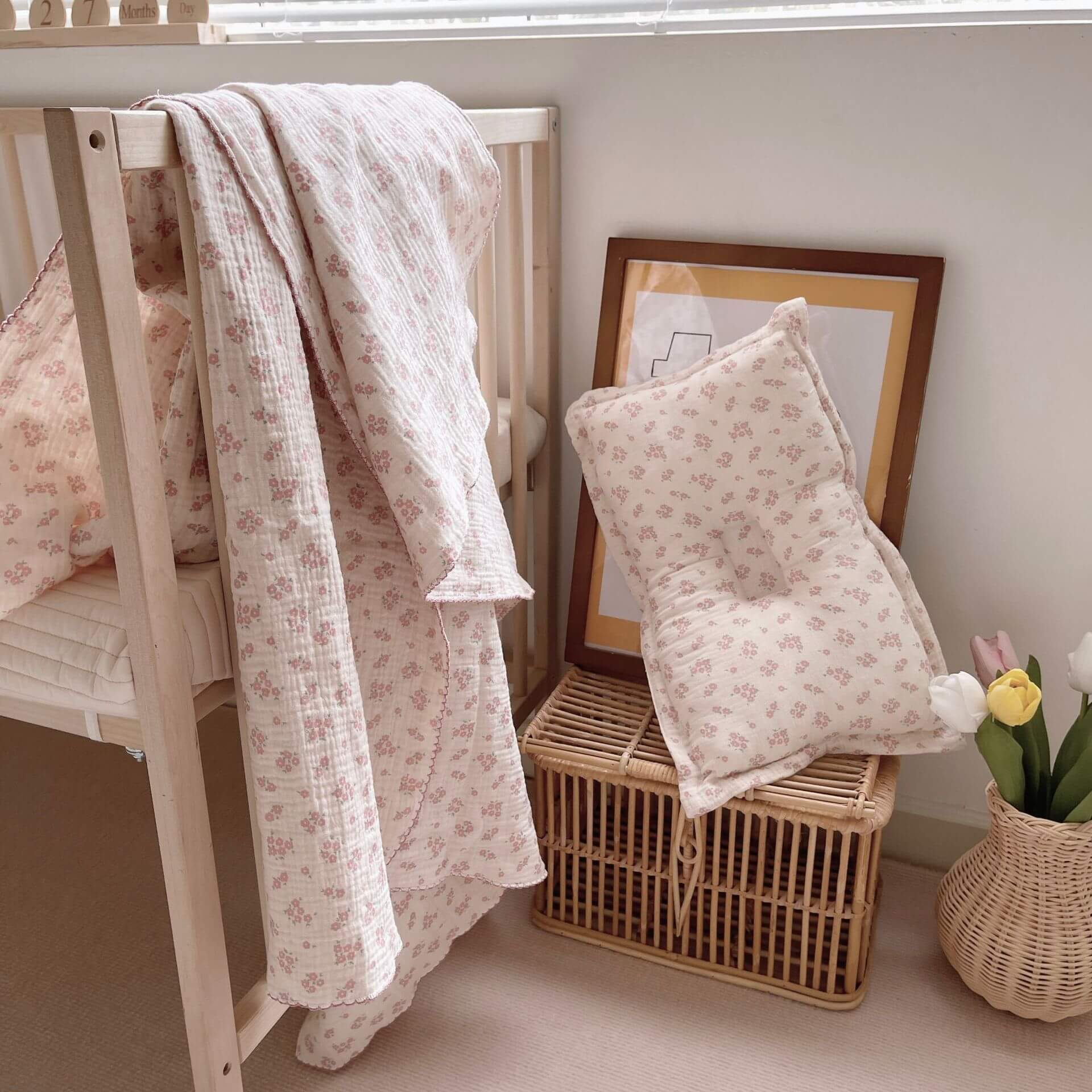 Vintage Floral Muslin Baby Blanket – Carmine Pink, 47" x 51"