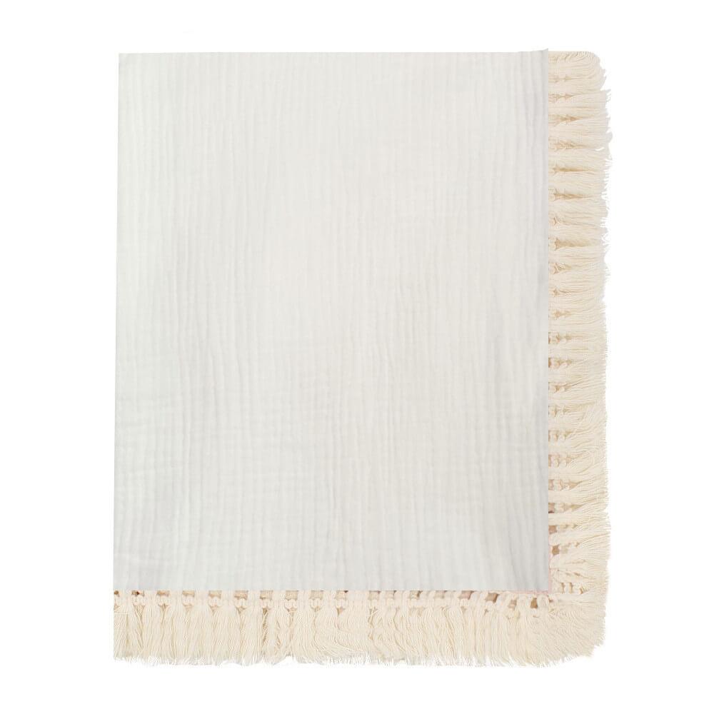 Fringe Cotton Muslin Baby Blanket White