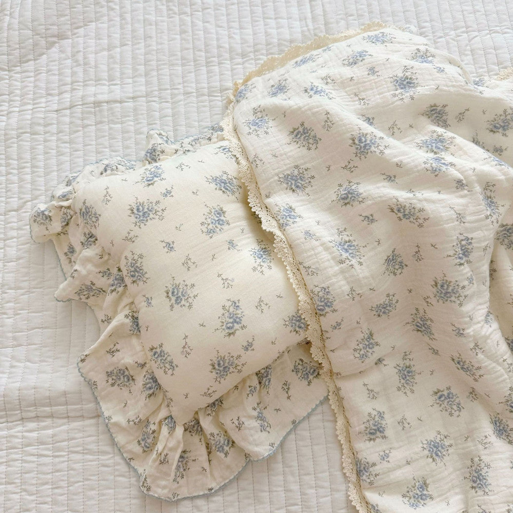 Blue Bouquet Toddler Comforter – Cotton Muslin with Lace Trim