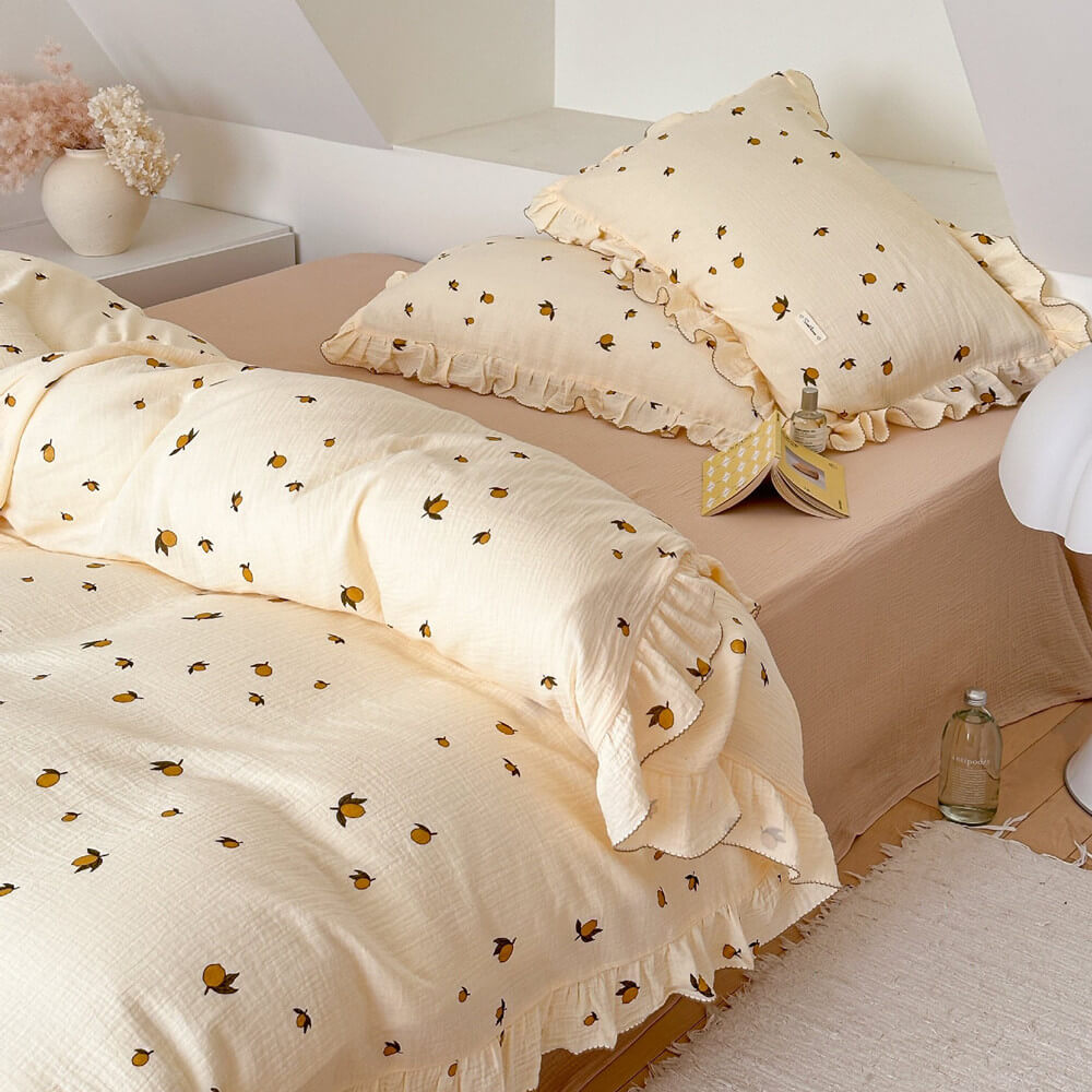 Zesty Lemon Cotton Muslin Duvet Cover Set – Ruffle Trim Bedding