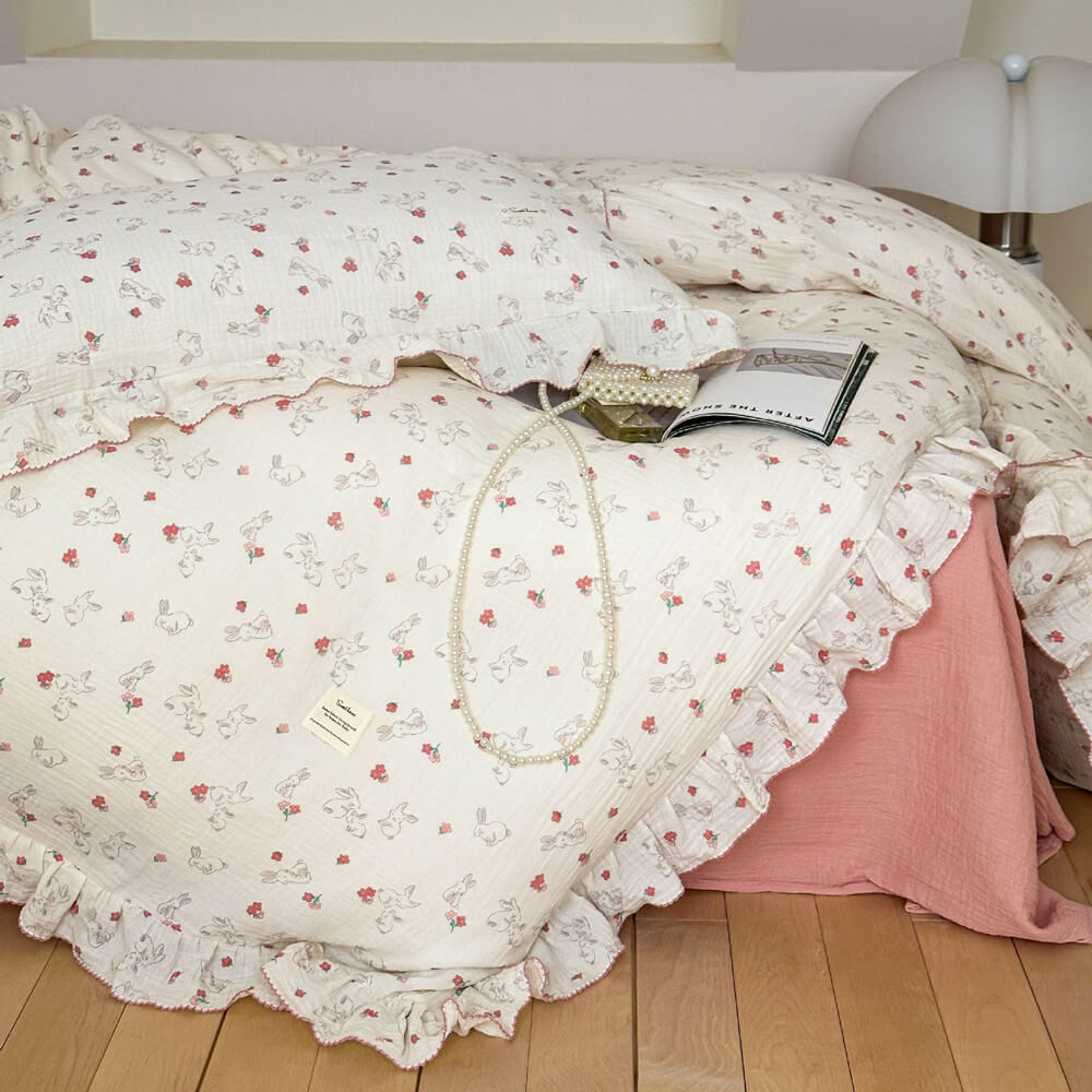 Bunny & Floral Duvet Cover Set – Cotton Muslin with Ruffles