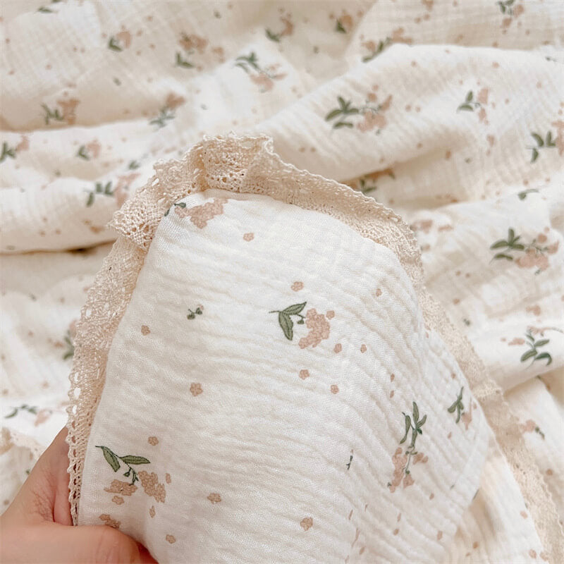 Beige Floral Cluster Kids Comforter – Cotton Muslin with Lace Trim