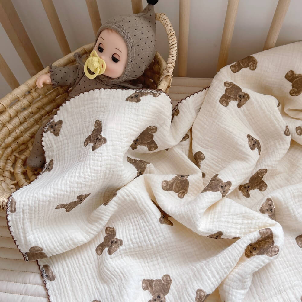 Teddy Bear Muslin Baby Blanket & Pillow Set – 47″×51″