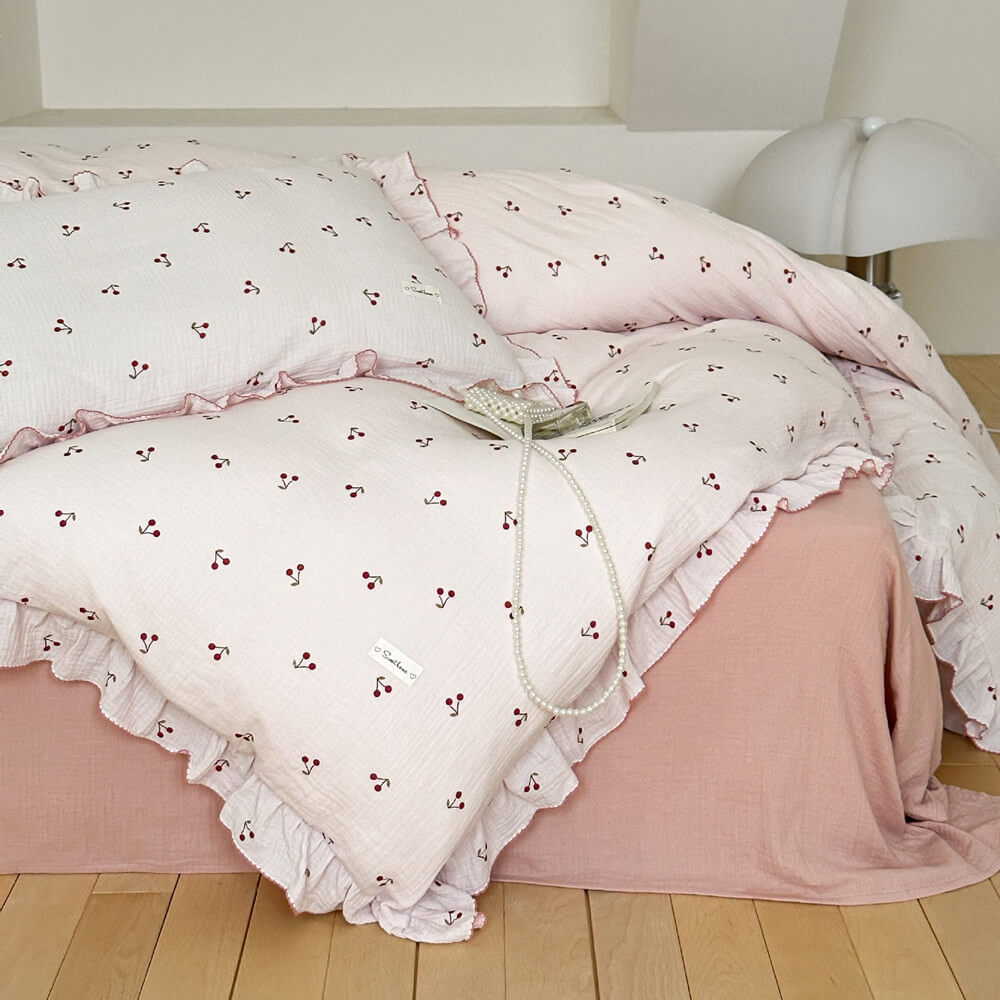 Cherry print duvet cover set - Teen ruffle bedding