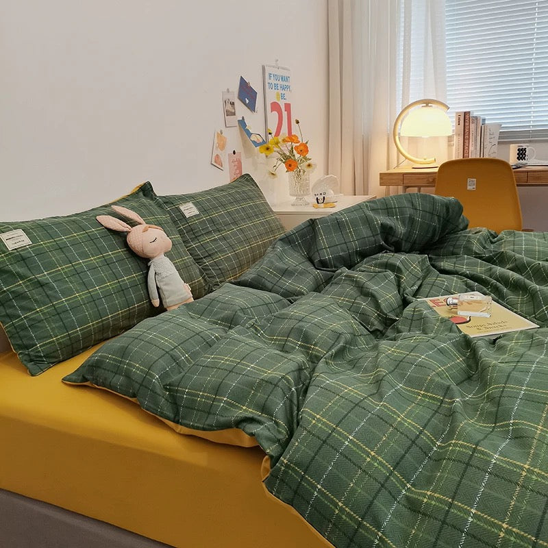 Gingham Plaid Duvet Cover Set Dark Green
