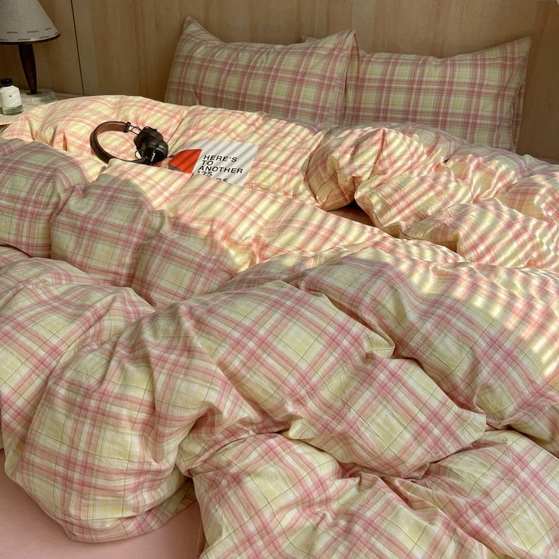 Pink Plaid Cotton Duvet Cover Set