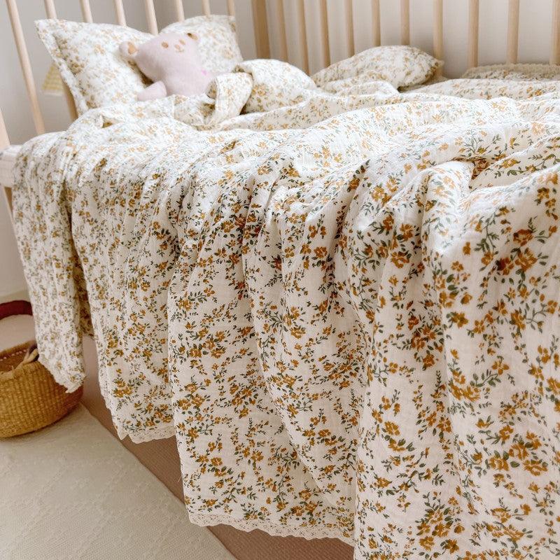 Mustard Floral Kids Comforter – Cotton Muslin with Lace Trim