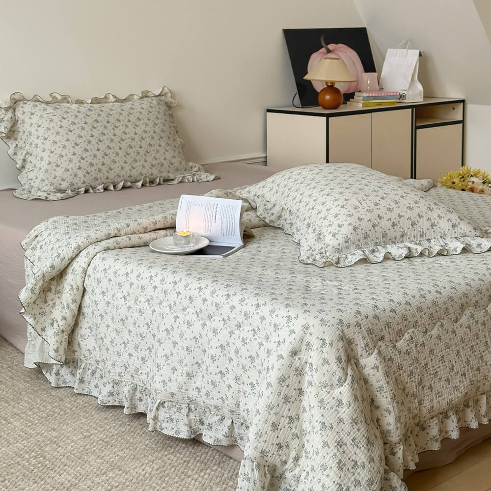 Sage Green Floral Muslin Quilt – Ruffle Edge Cotton Bedding