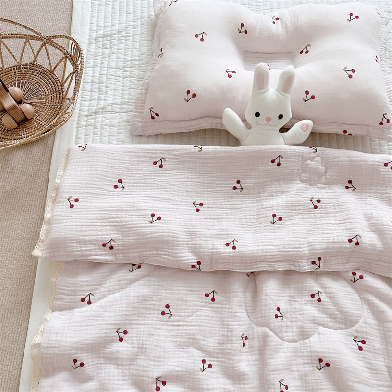 Cherry Baby Quilt – Cotton Muslin with Lace Trim