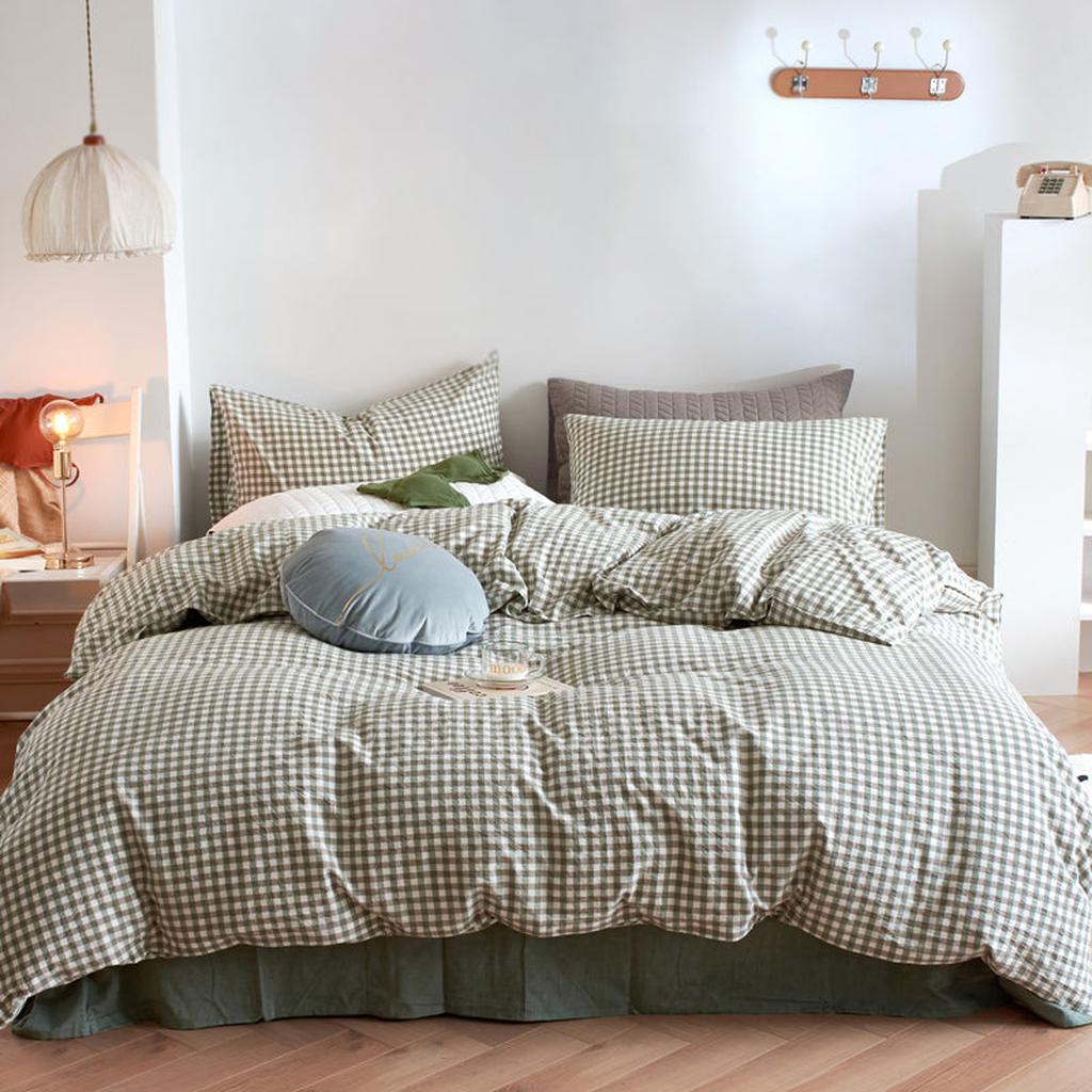 Cotton Small Gingham Bedding Set - Beige