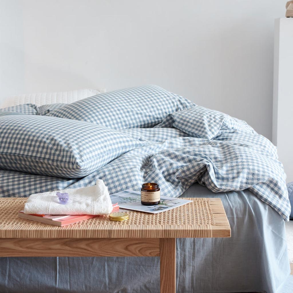 Cotton Small Gingham Bedding Set - Beige Blue