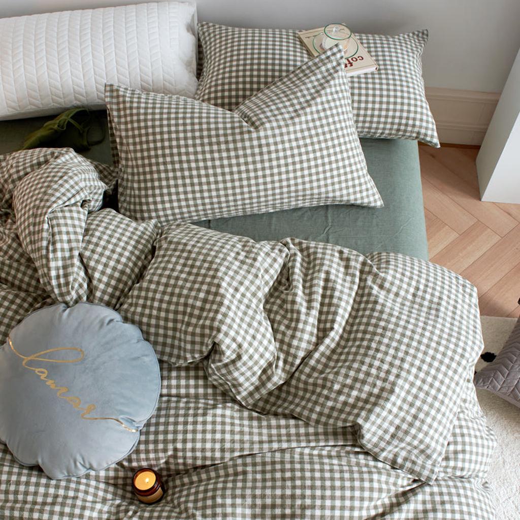 Cotton Small Gingham Bedding Set - Beige Green