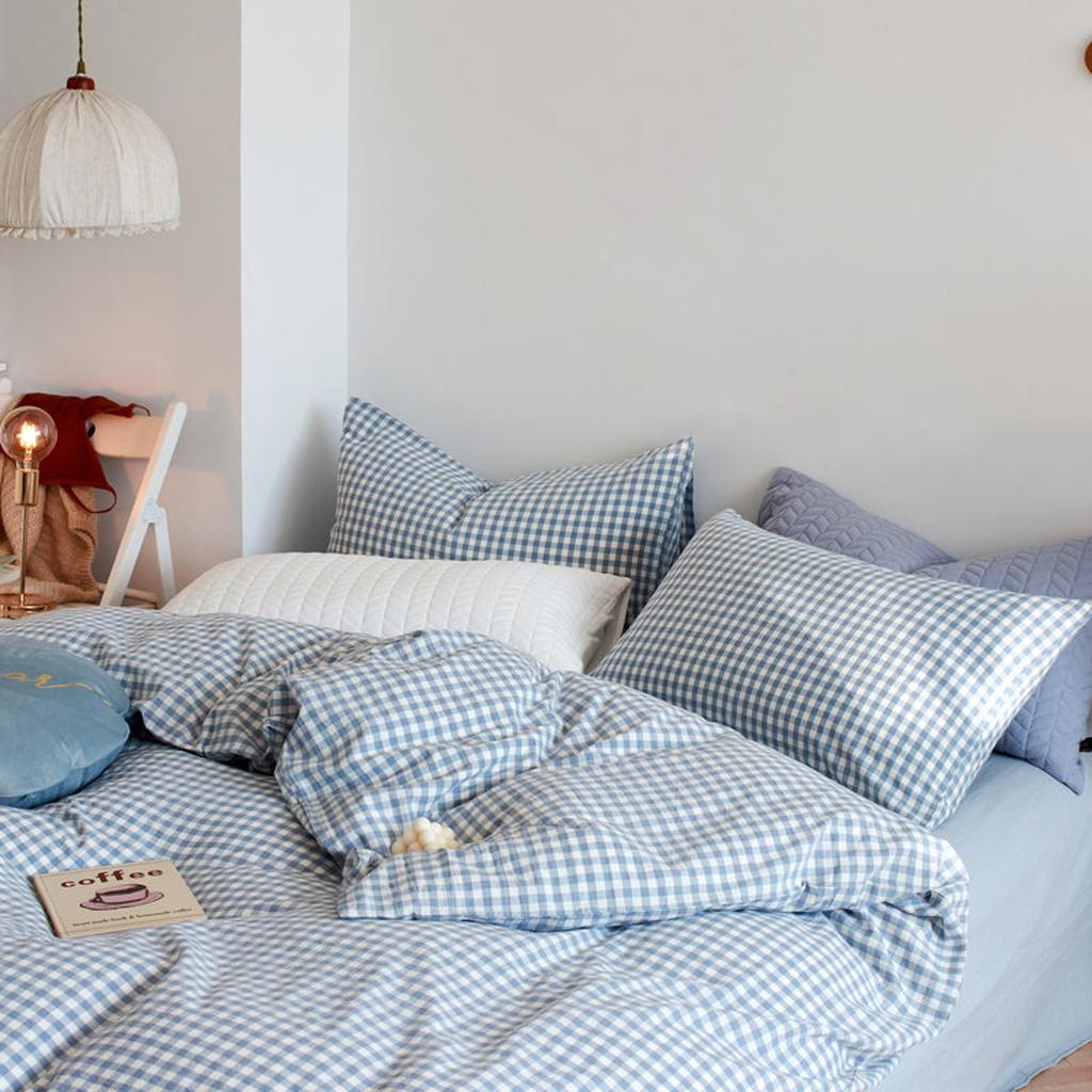 Cotton Small Gingham Duvet Cover - Green Full Blue