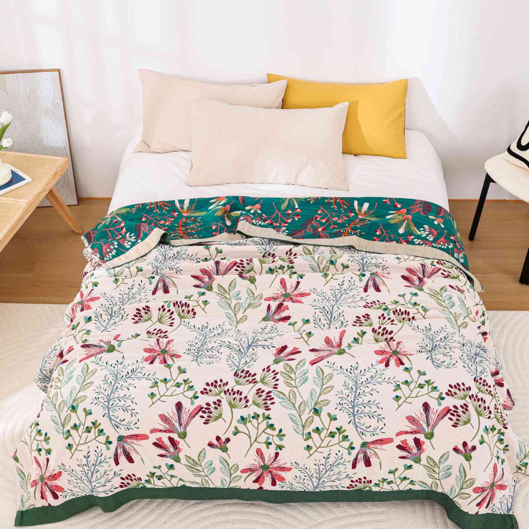 Cotton Gauze Throw Blanket - Reversible Floral Blanket