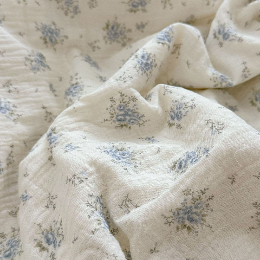Blue Bouquet Toddler Comforter – Cotton Muslin with Lace Trim
