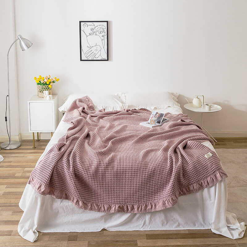 Cotton Waffle Blanket with Ruffle Edge – Soft & Breathable Throw Blush Pink