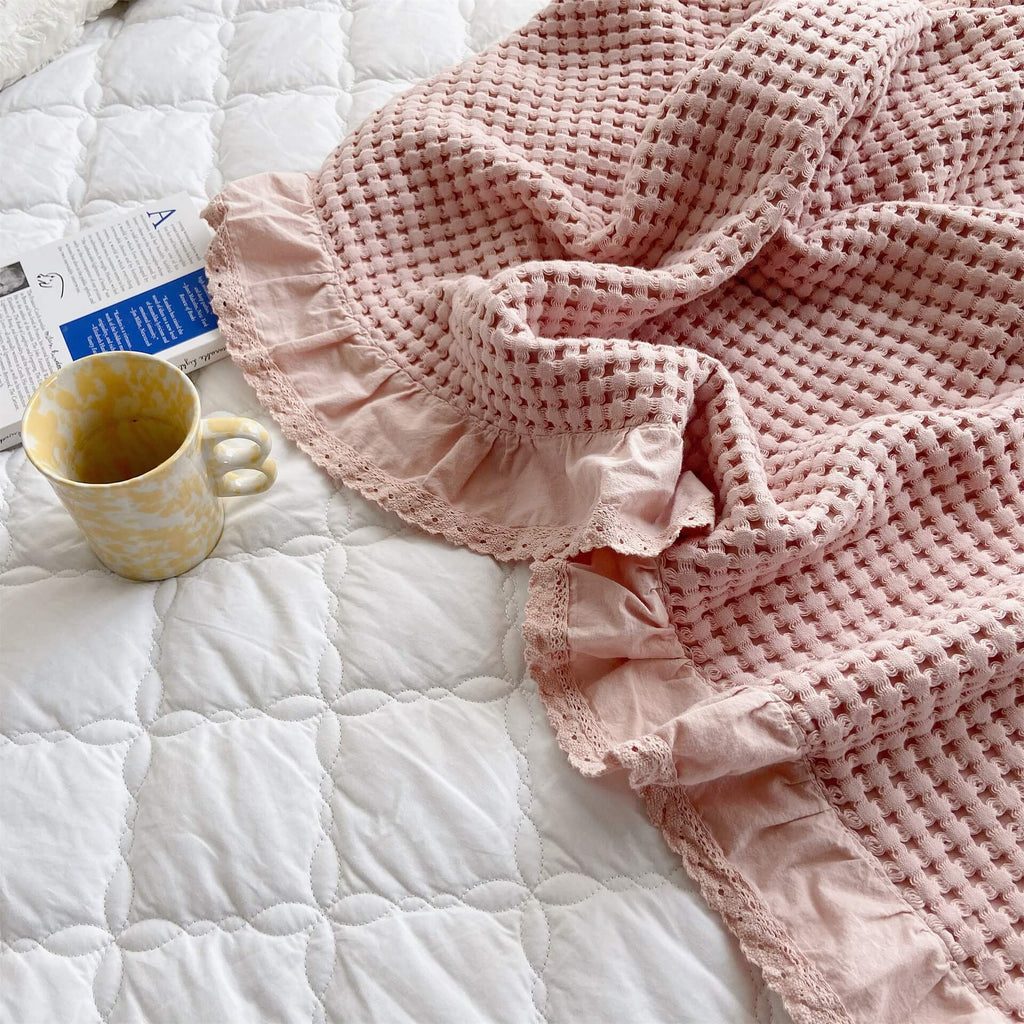 Cotton Waffle Blanket with Ruffle Edge – Soft & Breathable Throw