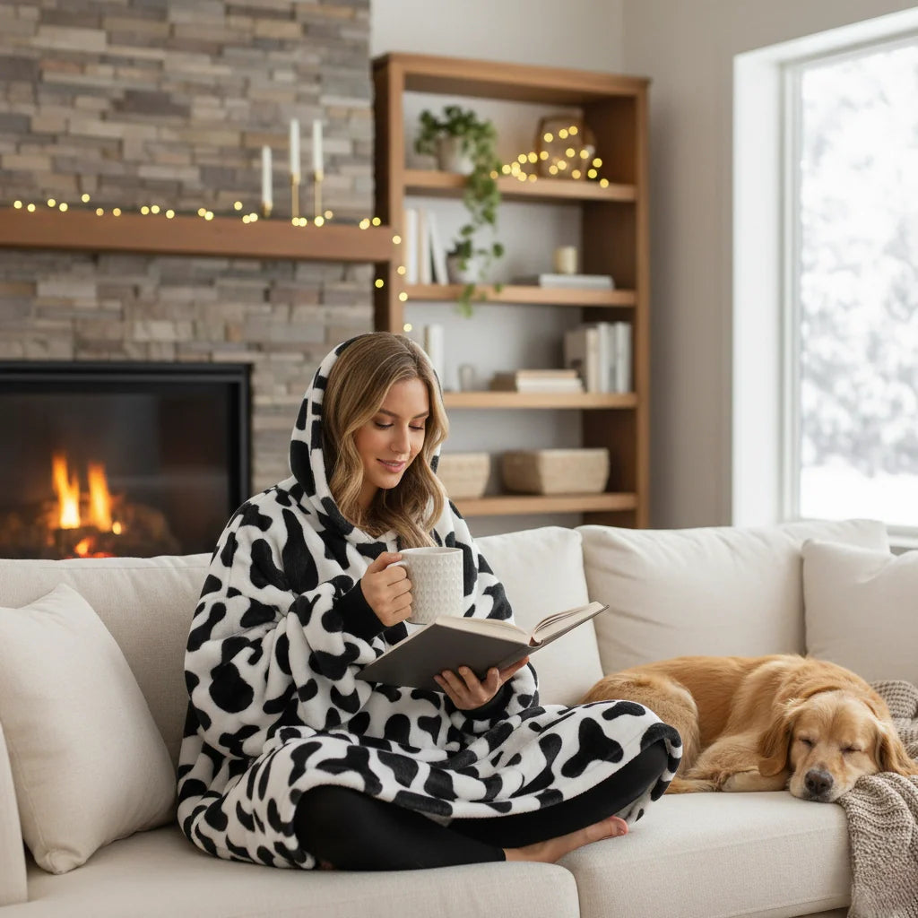 Animal Print Hooded Blanket Cow One Size (Women)