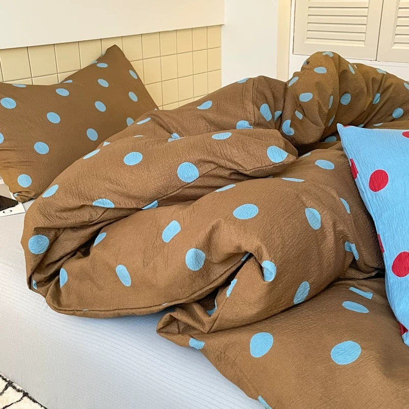 Warm Brown & Blue Polka Dot Bedding Set