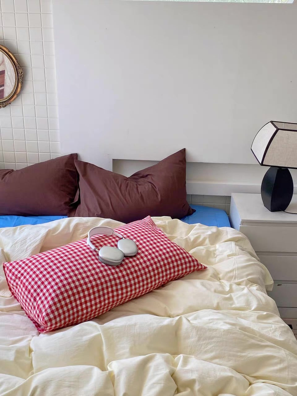 Cream Bedding Set with Gingham Pillowcase