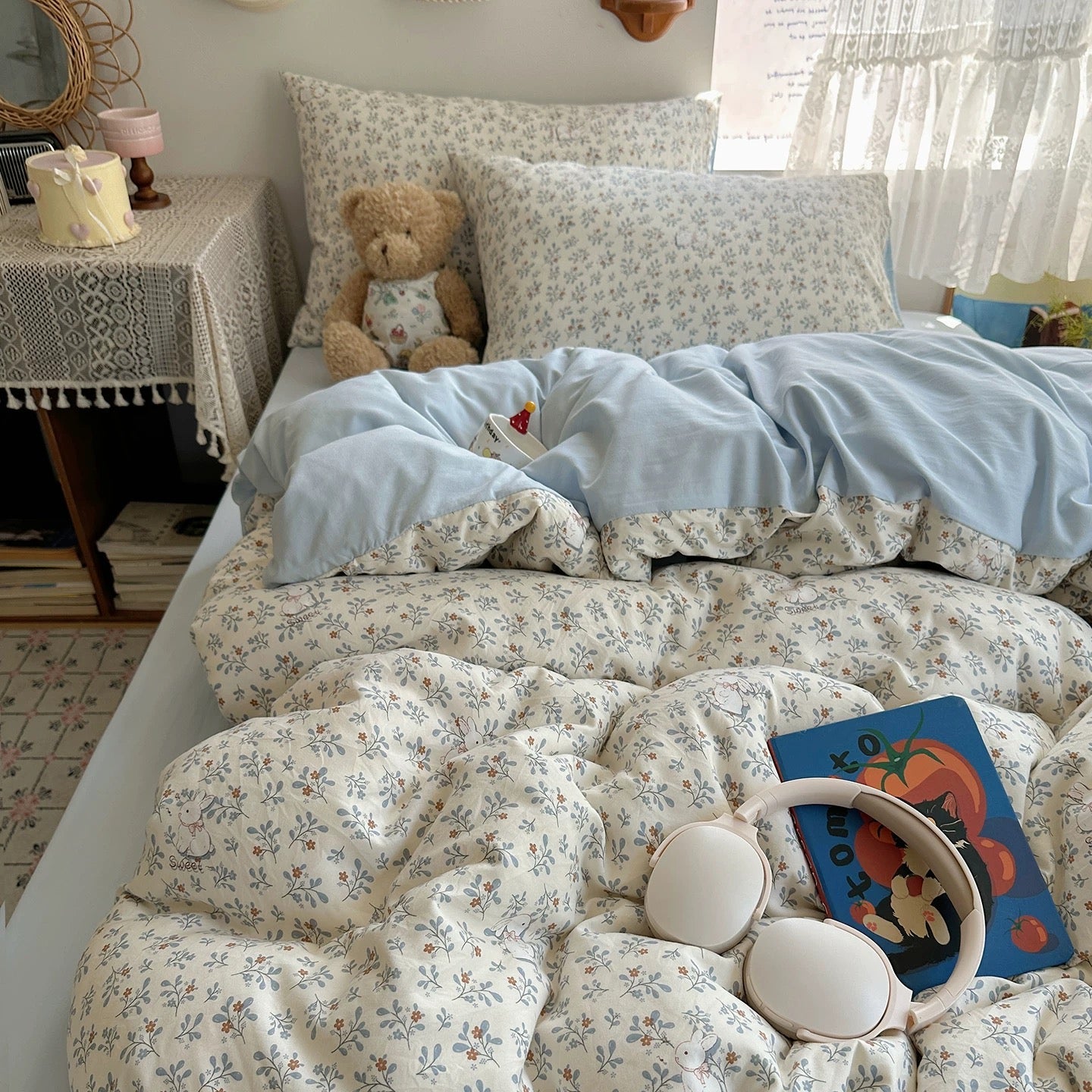 Soft Blue Cottagecore Floral Bedding Set