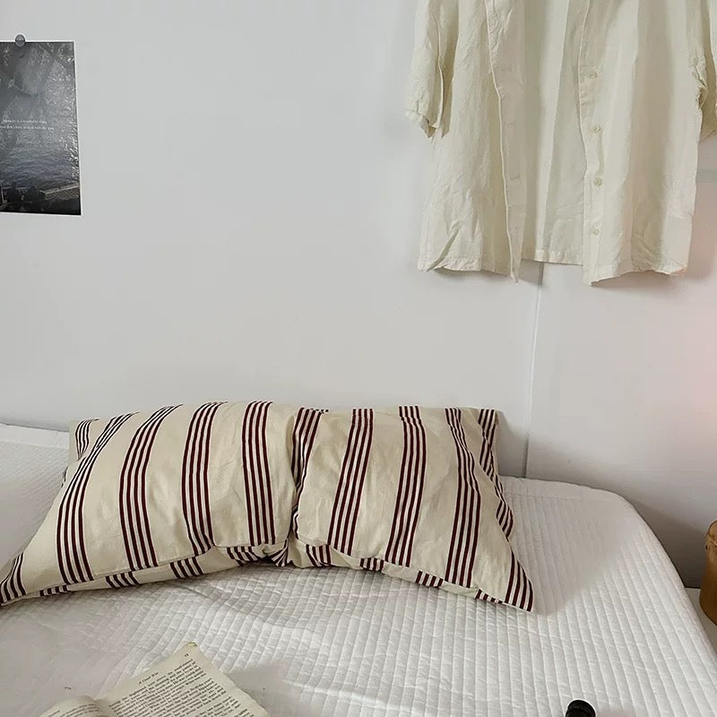 Retro Striped Cotton Pillowcase Cream Burgundy Stripe
