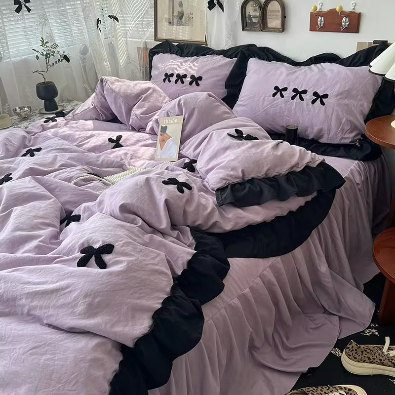 Aesthetic Pink Bedding Set with Bow Purple