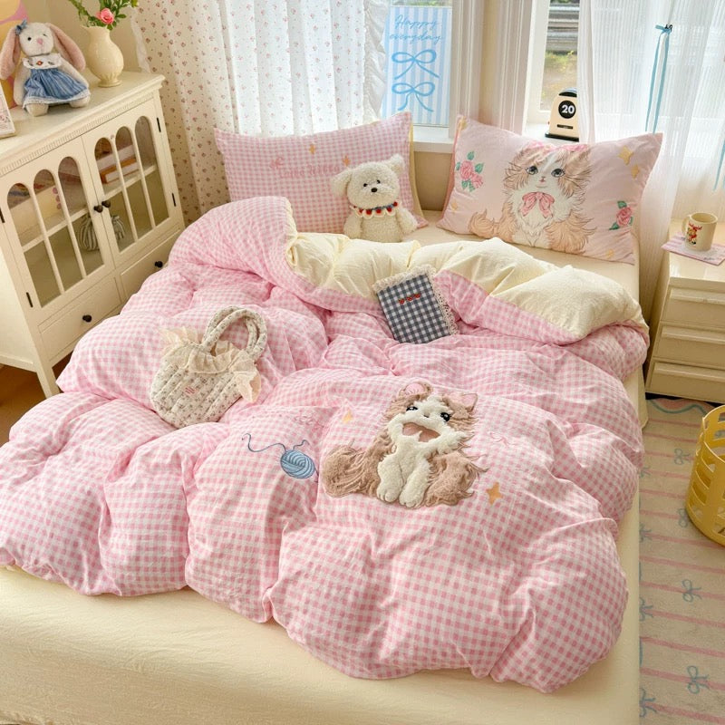 Cute Kitty Pink Gingham Bedding Set