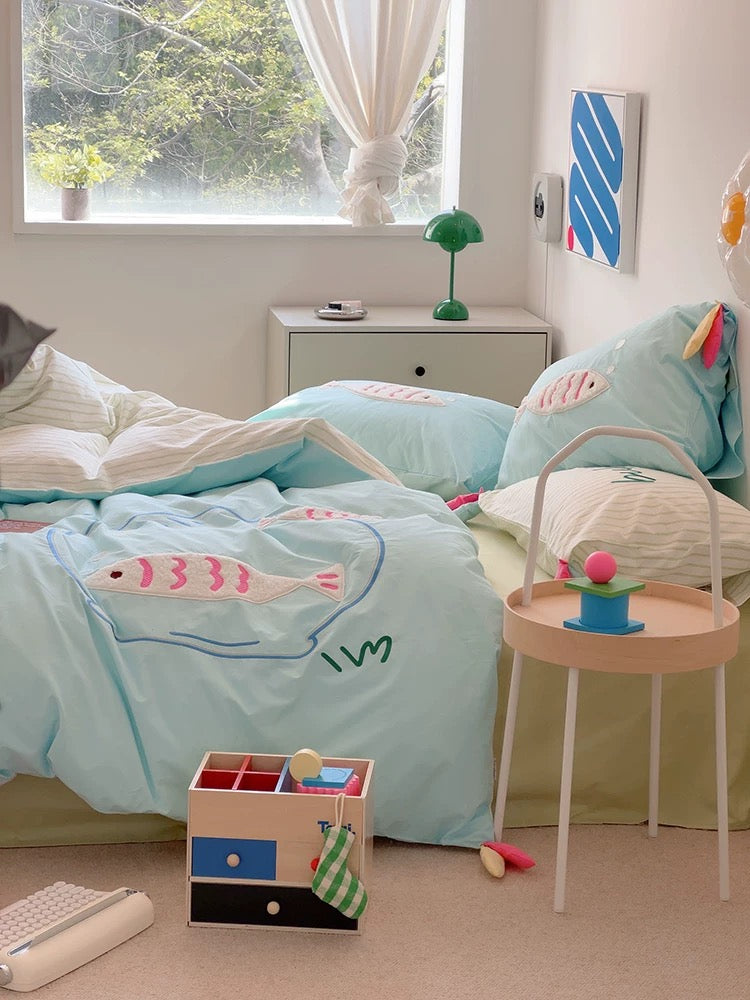 Blue Cartoon Fish Embroidered Bedding Set