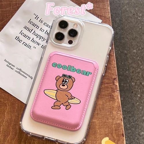 Cartoon Bear Wallet MagSafe Card Holder Pink