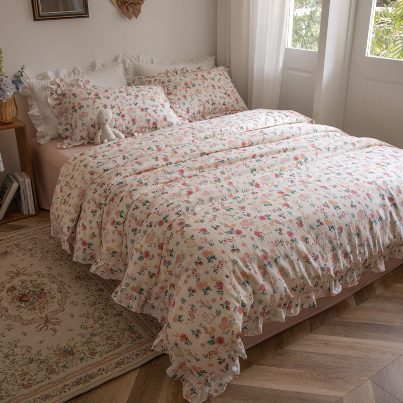 Floral Bunny Bedding Set — Cotton Gauze Kids Duvet Cover Set