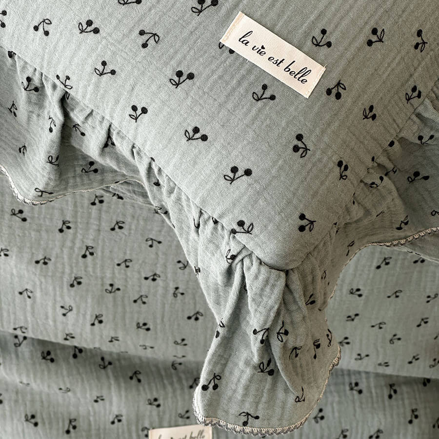 Sage Floral Cotton Gauze Bedding Set — Ruffled Kids Duvet Cover Set