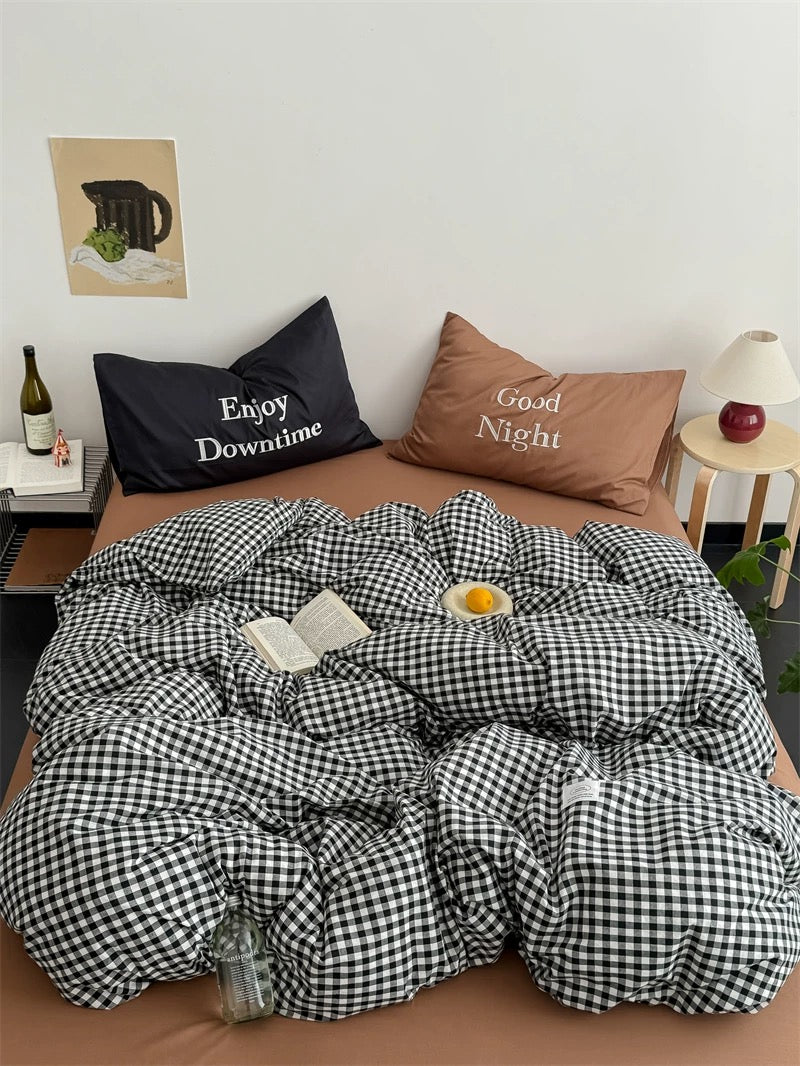 Black & Blue Preppy Gingham Bedding Set Brown