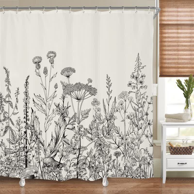 Pastoral Style Plants Waterproof Shower Curtain Beige & Black 71"Wx71"L