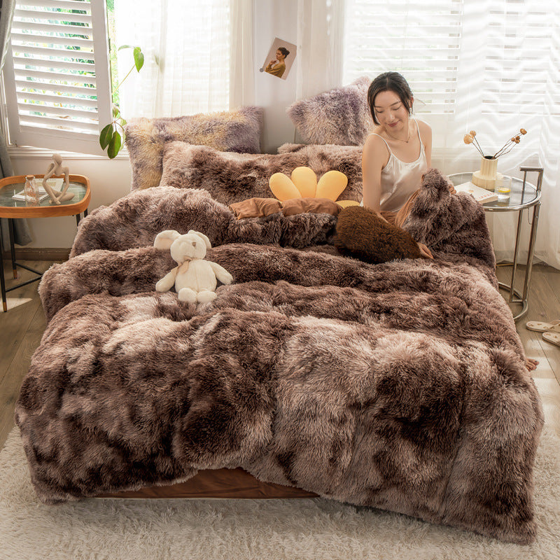 Fluffy Mink Velvet Duvet Cover Set 4pcs Brown