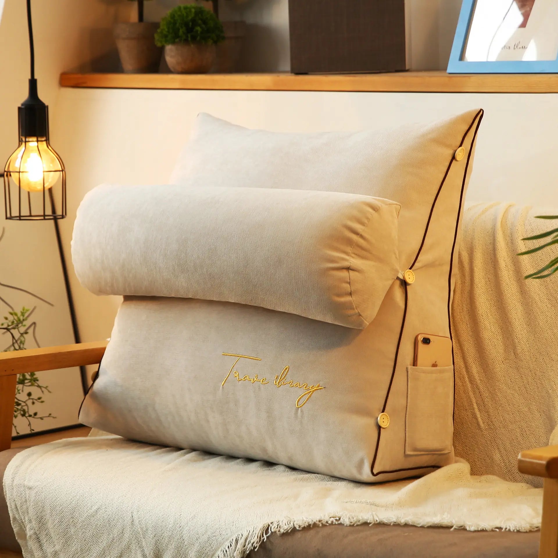 Reading Pillow with Adjustable Backrest Beige 18"×18"
